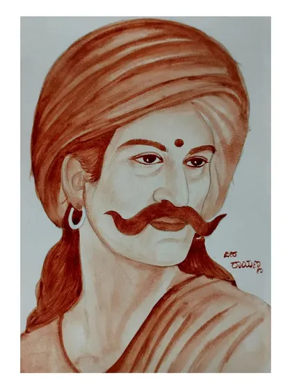 A blood portrait of a historical Kannada warrior figure, complete with a traditional turban and majestic mustache. The piece includes a signature in Kannada.