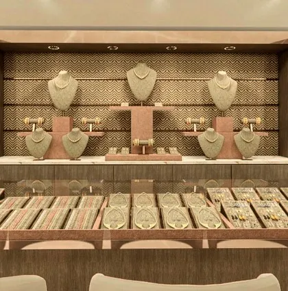 A close-up render of a display counter. We pay close attention to how jewellery is presented, using textured backdrops and precise lighting to make each piece sparkle.