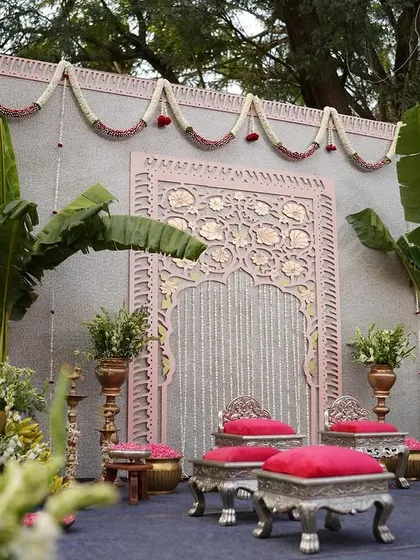 A slightly different angle of the traditional stage, this time with a memorial photo respectfully placed to the side, showing how we accommodate personal and meaningful elements for our clients.