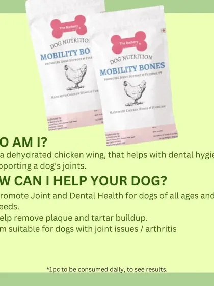 Let me introduce you to my Mobility Bones. They are dehydrated chicken wings that act as a natural toothbrush to remove plaque and tartar while also promoting joint and dental health for dogs of all ages.