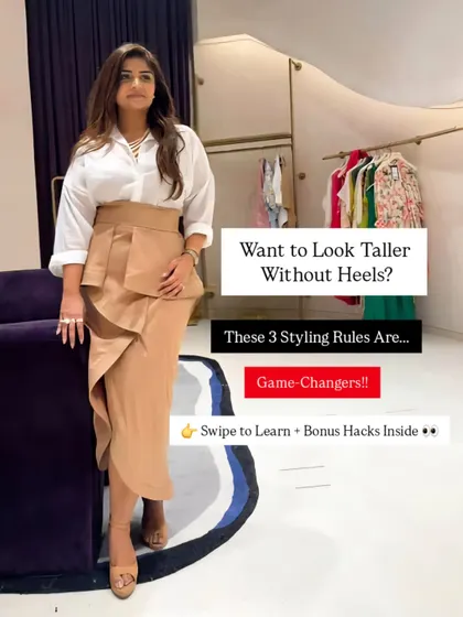 Want to look taller without heels? This carousel post introduces three game-changing styling rules, including proportion hacks and color blocking.