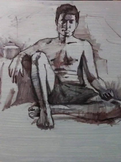 Another view of the underpainting, showing the foundational drawing on the canvas before adding colour.