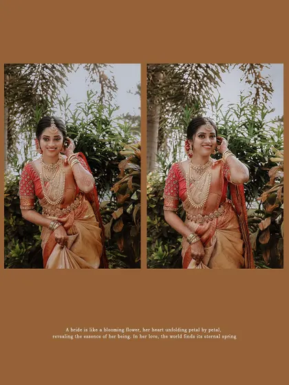 A collage of the bride's portraits, framed with a quote about a bride being a blooming flower.