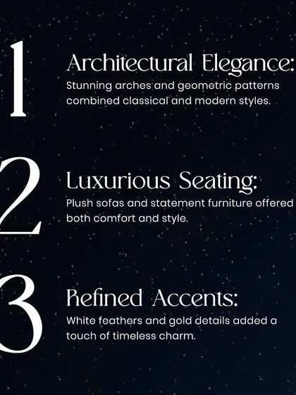 This graphic outlines the three core design pillars of the '40 Shades of Elegance' event: Architectural Elegance, Luxurious Seating, and Refined Accents.