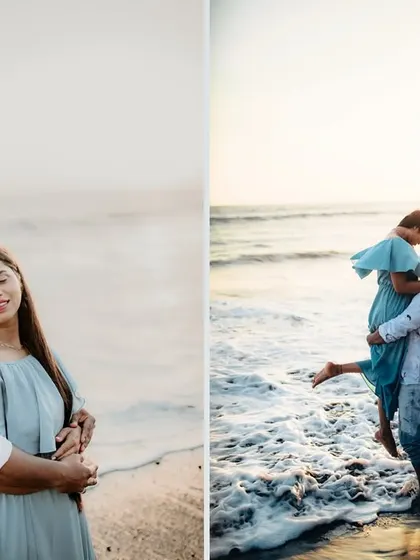 A diptych from a beach pre-wedding shoot, capturing both a romantic embrace and a playful lift at sunset.