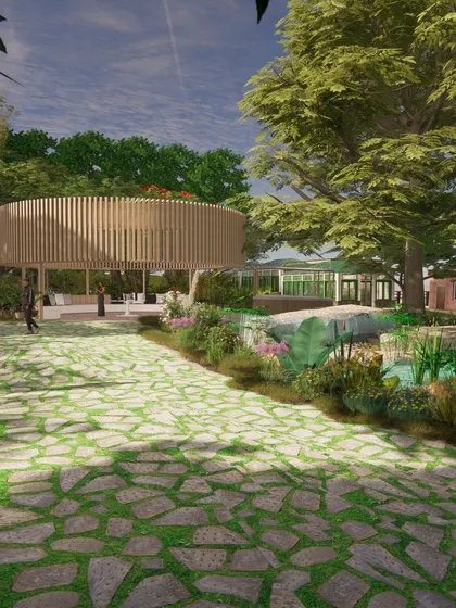 A conceptual view of a circular pavilion next to a large, mature tree. Our designs always respect and highlight existing natural features, making them heroes of the landscape.