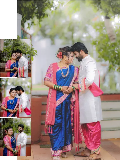 This photo series captures the couple's romantic moments, from gentle forehead touches to quiet embraces, all in their stunning blue and pink wedding attire.