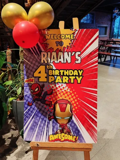 A duplicate of the awesome superhero welcome sign for Riaan's 4th birthday party.