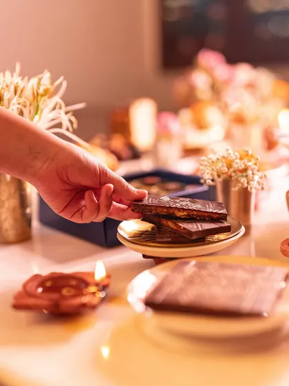 A close-up of our Bombay Kaju Krunchy Bar, a unique creation that blends traditional and modern flavors.