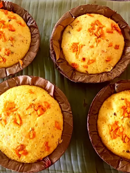 Immunity-boosting fresh turmeric idlis. They are steamed in eco-friendly leaf bowls, which adds a subtle, earthy flavour.