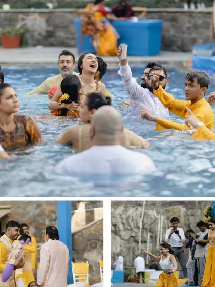 A collage showing the unique and fun-filled pool party that followed a Haldi ceremony, with guests joyfully celebrating in the water.