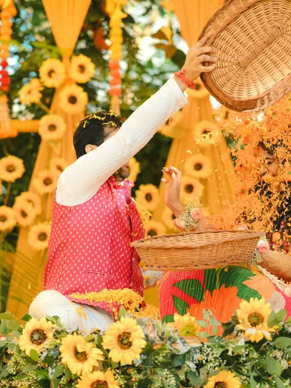 And the groom returns the favor. This action shot captures the playful flower fight during a fun-filled Haldi ceremony.