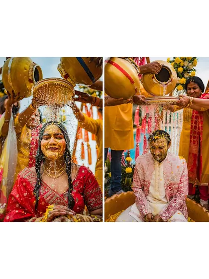 A collage showing the groom being doused with water during a fun-filled Haldi ritual.