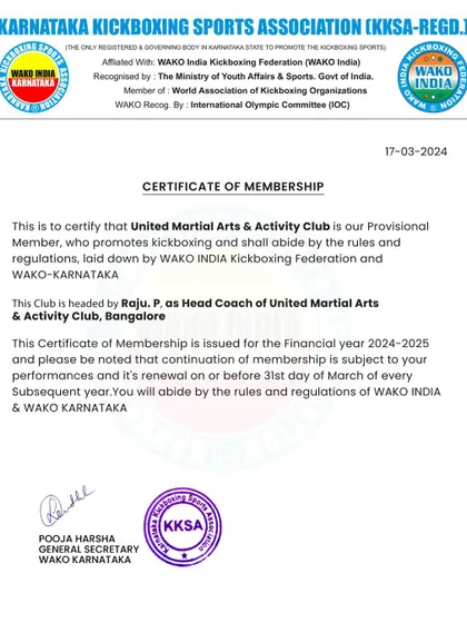 A clear, readable copy of our WAKO affiliation certificate, detailing our commitment to upholding the rules and regulations of the kickboxing federation.
