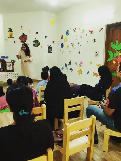 Here I am in the middle of a musical storytelling event for preschoolers. You can see both parents and children are completely absorbed, which is exactly what I aim for in these family workshops.