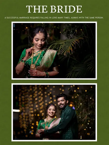 A collage featuring the bride and the couple together, set against a rich green theme.