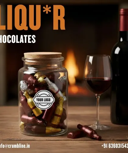 A sample logo sits on the jar in our liquor-chocolate catalogue design, showing a branded gifting example.