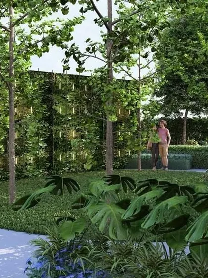 A vertical garden wall at 'Villa On Sky' serves as a living art piece, adding texture, color, and ecological benefits to the urban environment.
