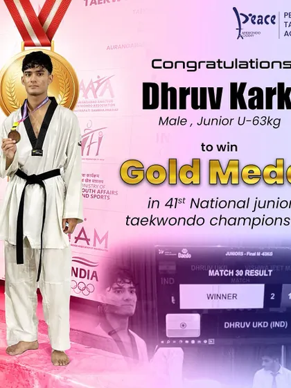 National Champion! Dhruv Karki stands proudly on the podium after winning the gold medal at the 41st National Junior Taekwondo Championship. A fantastic achievement for a promising young athlete.
