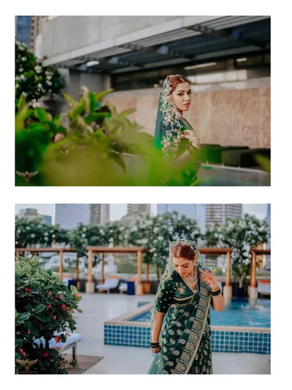 A diptych of the bride on a modern rooftop with a pool. These shots showcase her elegant poses and the beautiful contrast between her traditional attire and the urban setting.