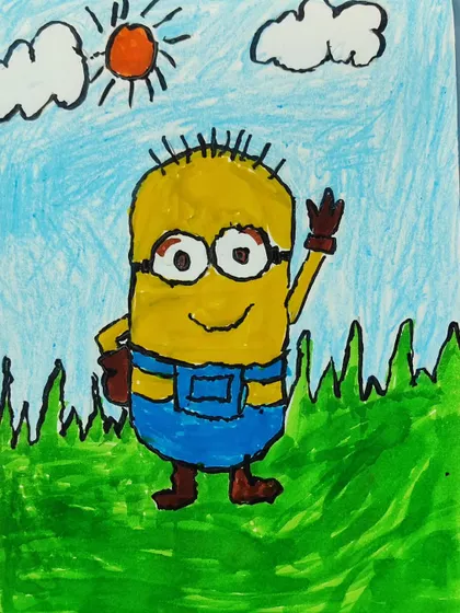 A close-up of a completed Minion drawing, a character that always brings smiles to the classroom.