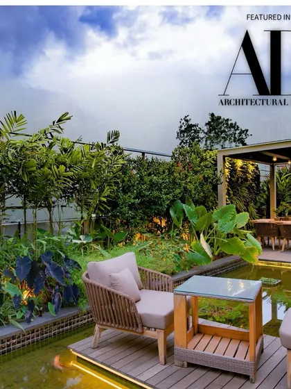 The outdoor display area at the Basant Betons showroom. This space features a water body and a gazebo, demonstrating how the brand's concrete products can be used to create serene and beautiful landscape designs.