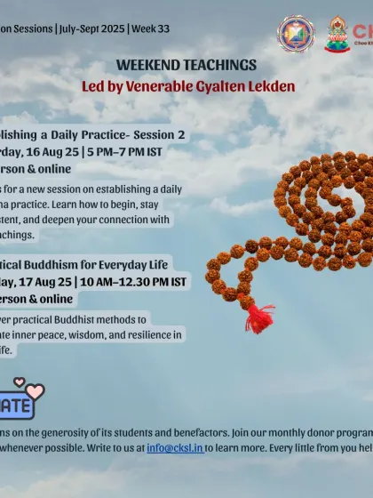 This poster announces a new session on "Establishing a Daily Dharma Practice." We provide guidance on how to begin, stay consistent, and deepen your connection with the teachings.