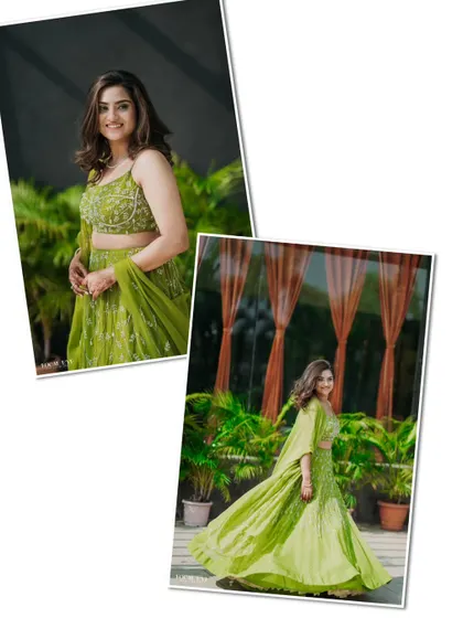 A collage of a guest or bridesmaid in a vibrant green lehenga, showing both a portrait and a fun, twirling shot.