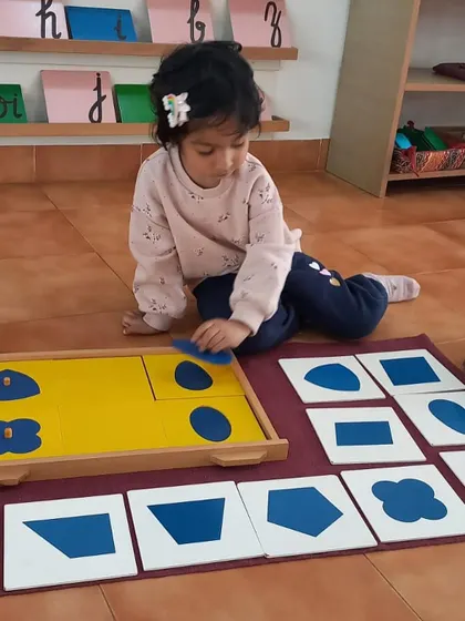 A child works with the geometric cabinet, matching shapes to cards. This activity enhances visual memory and introduces the names of various plane figures, laying a foundation for geometry.