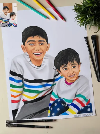 This A3 colored pencil drawing of two siblings in matching sweaters is so cheerful. I enjoyed capturing their bright smiles and the colorful stripes on their clothes.