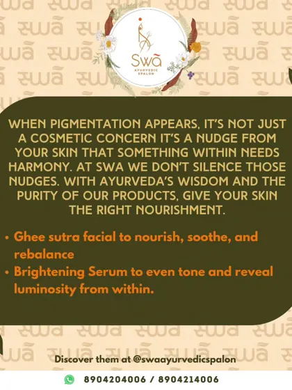 Pigmentation is a sign that your skin needs harmony. I address this with treatments like the Ghee Sutra facial to nourish and rebalance, and our Brightening Serum to reveal luminosity from within.