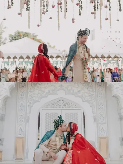 Two key moments from the wedding ceremony, from walking hand in hand to a romantic kiss against the palace architecture. This shows our ability to capture both candid and posed moments.