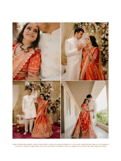 A collage of portraits from Atharv and Maithili's engagement, capturing their loving glances, happy smiles, and elegant outfits.