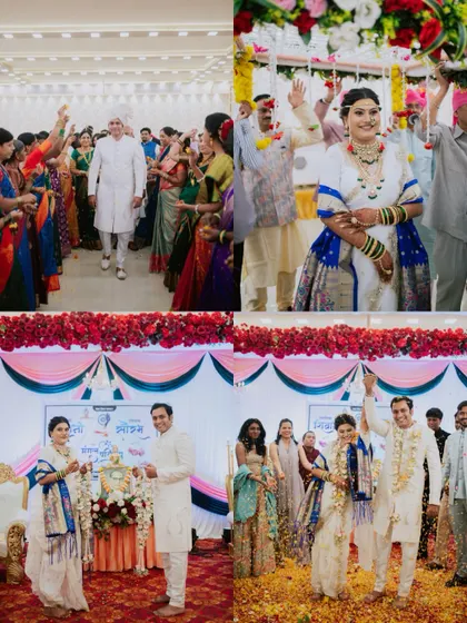 A collage showing the entrance of both the bride and groom, and their celebration after the Varmala.