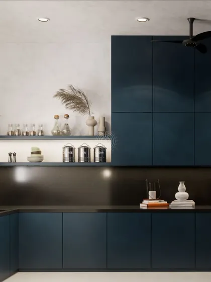 This kitchen render features open shelving with backlighting, providing both functional storage and a beautiful display area. The dark blue cabinets are paired with a simple white wall.