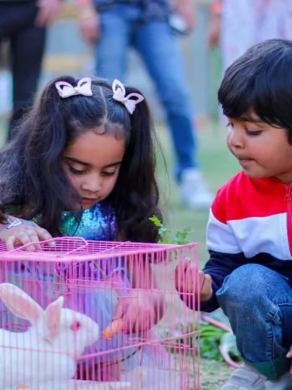 Two children gently feeding a carrot to a white rabbit, a sweet and quiet moment of interaction.