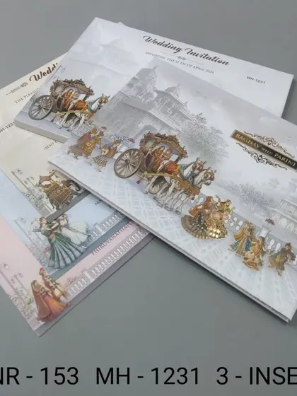 I designed this set to capture the grandeur of a royal wedding procession with a horse-drawn carriage. The artwork is spread across the main card and matching inserts, creating a cohesive and elegant theme.