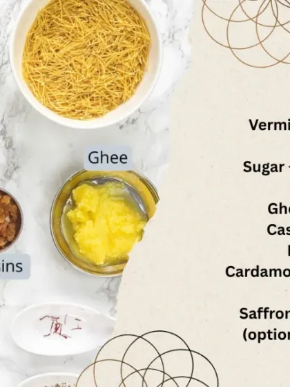 The ingredients for our traditional Semiya Payasam, showcasing the quality of vermicelli, nuts, and sugar we use.