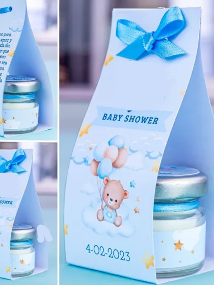 This is one of my cutest packaging options for baby shower return gifts. The custom box holds a mini candle and features a sweet teddy bear design.