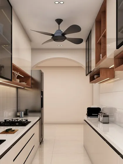 This parallel kitchen design features white and wood-tone cabinets, glass-fronted upper storage, and under-cabinet lighting for a warm and modern feel.