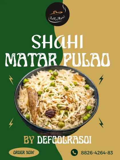 Our Shahi Matar Pulao, a fragrant rice dish cooked with green peas, whole spices, and garnished with fried onions. A royal treat.