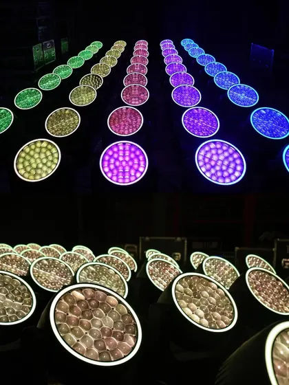 The Prolights Astra Wash fixtures displaying a full spectrum of vibrant colors, demonstrating their high-quality RGBW LED engine.