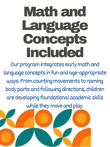 This series of graphics explains that we are "More Than Just Movement." We focus on whole-child development, integrating math and language concepts, building self-esteem, and encouraging exploration.