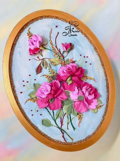 The full view of the pink floral oval panel, showcasing its elegant composition and golden frame.