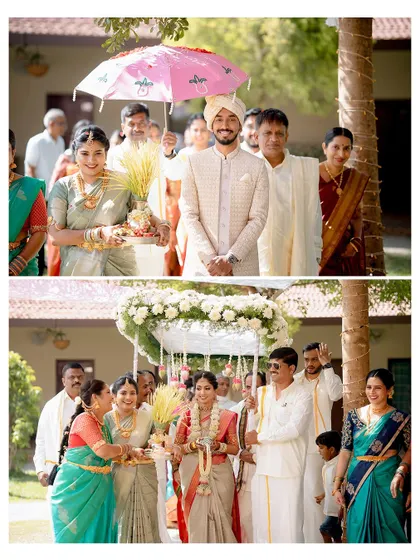 Capturing the key moments of a traditional South Indian wedding ceremony, where the couple is showered with blessings by their family and friends.