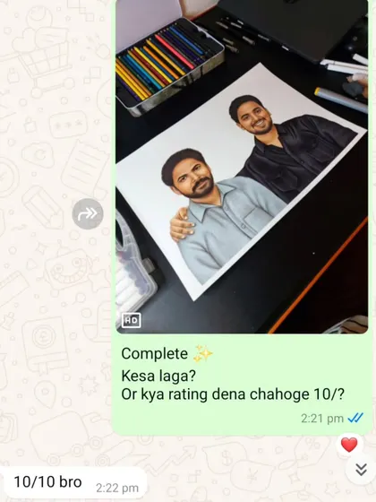 "10/10 bro". A great rating for the father and son portrait. It makes me happy to see my art bringing joy.