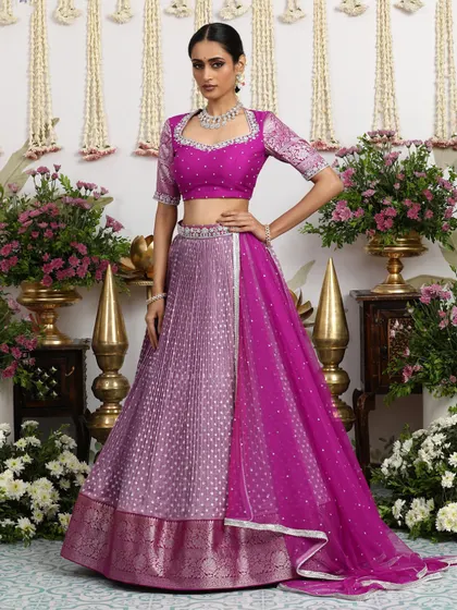The full, standing view of the ombre Bandhani lehenga, a masterpiece of color and craft.