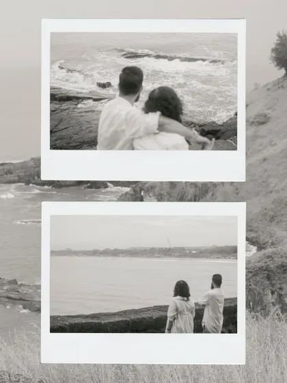 A collage of black and white Polaroid-style shots of the couple looking out at the sea from a cliff. It has a nostalgic, adventurous feel.