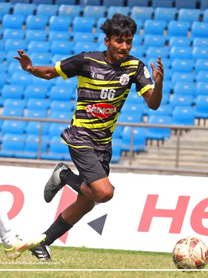An action shot from the B Division League, with our player on the offensive. These leagues provide crucial exposure for players aiming for a professional career.