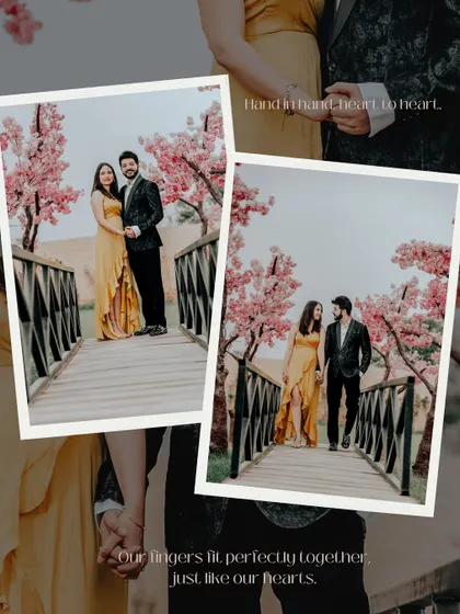 A collage showing a couple on our scenic bridge, a perfect example of the romantic moments captured here. The text overlay "Hand in hand, heart to heart" reflects the stories we help create.